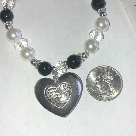 Silver Heart Pendant Bracelet with Black and White Beads - Picture 2 of 5